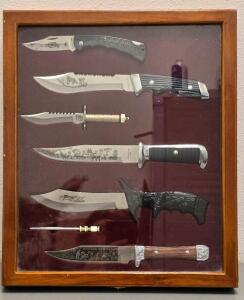 Wildlife Etched Stainless Hunting Knife Display Set, 6 Knives + Sharpening Rod, Wood Case