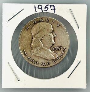 1957-D Franklin Half Dollar, 90% Silver, Denver Mint, Circulated, Cardboard Flip Holder