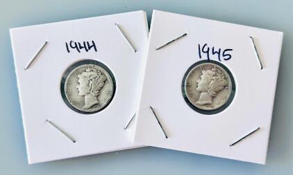 1944 & 1945 Mercury Dimes, Liberty Head, 90% Silver, U.S. Ten Cent Coins, Circulated
