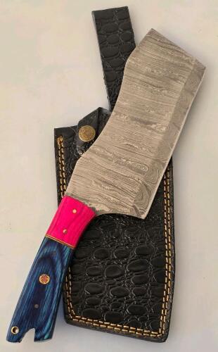 Damascus Steel Cleaver Knife, Pink & Blue Stabilized Wood Handle, Custom Sheath, Full Tang