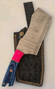 Damascus Steel Cleaver Knife, Pink & Blue Stabilized Wood Handle, Custom Sheath, Full Tang
