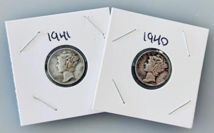 1940 & 1941 Mercury Dimes 90% Silver, Philadelphia Mint, Circulated Condition, Lot of 2
