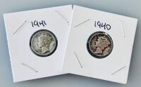 1940 & 1941 Mercury Dimes 90% Silver, Philadelphia Mint, Circulated Condition, Lot of 2