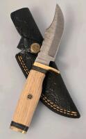 Custom Damascus Fixed Blade Hunting Knife, 9" Overall, Wood Handle, Leather Sheath