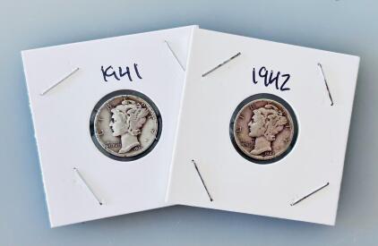 1941 & 1942 Mercury Dimes, 90% Silver, Circulated Condition