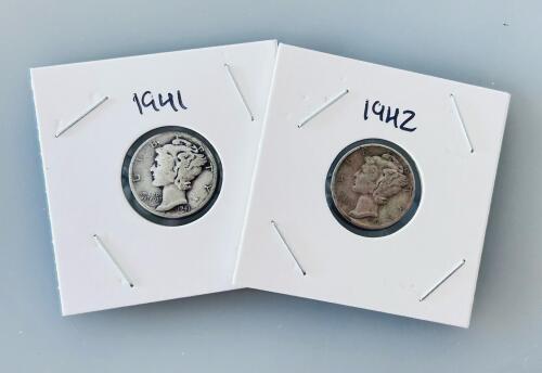 1941 & 1942 Mercury Dimes, 90% Silver, Winged Liberty Head, Circulated, Lot of 2 Coins