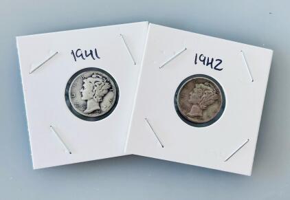 1941 & 1942 Mercury Dimes, 90% Silver, Winged Liberty Head, Circulated, Lot of 2 Coins