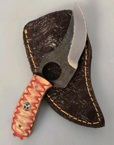 Custom Fixed Blade Upswept Skinner Knife, 3.5" Carbon Steel Blade, Carved Wood Handle, Leather Sheath