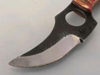 Custom Fixed Blade Upswept Skinner Knife, 3.5" Carbon Steel Blade, Carved Wood Handle, Leather Sheath - 2