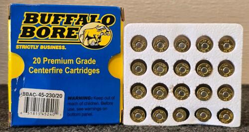 Buffalo Bore 45 ACP+P 230gr JHP Premium Grade Pistol Ammo, 950 FPS, 20 Rounds, Brass Case