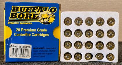 Buffalo Bore 45 ACP+P 230gr JHP Premium Grade Pistol Ammo, 950 FPS, 20 Rounds, Brass Case