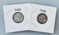 1943 & 1944 Mercury Silver Dimes &ndash; 90% Silver, Circulated, Adolph Weinman Design