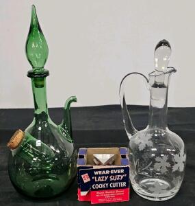 2 Vintage Wine Decanters, Wear-Ever Lazy Susan Cookie Cutter Set, Original Box, 6 Aluminum Cutters, Vintage USA