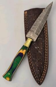 Damascus Steel Fixed Blade Knife &ndash; 8.5" Multicolored Wood Handle, Brass Bolster, Leather Sheath