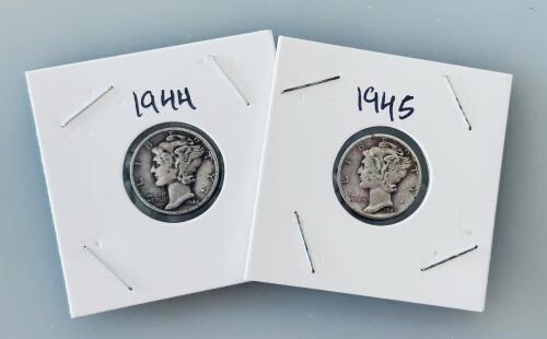 1944 & 1945 Mercury Dimes, 90% Silver, Circulated Condition