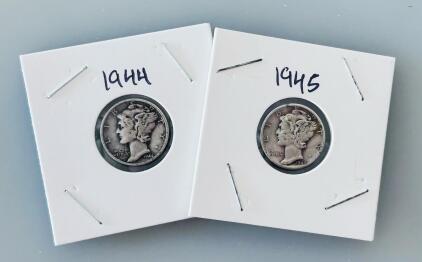 1944 & 1945 Mercury Dimes, 90% Silver, Circulated Condition