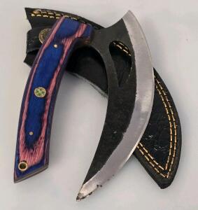 Custom Forged Ulu Knife, 6" Carbon Steel Blade, Blue/Purple Laminated Wood Handle, Leather Sheath