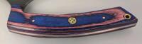 Custom Forged Ulu Knife, 6" Carbon Steel Blade, Blue/Purple Laminated Wood Handle, Leather Sheath - 3