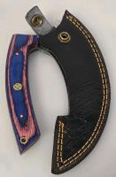 Custom Forged Ulu Knife, 6" Carbon Steel Blade, Blue/Purple Laminated Wood Handle, Leather Sheath - 4