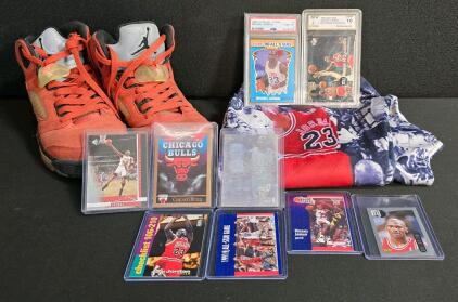 Nike Air Jordan 5 Raging Bull Size 7.5 (Used), Michael Jordan PSA 8 & Mint 10 Cards And Raw Cards, Bulls Print Sweat Pants Size L