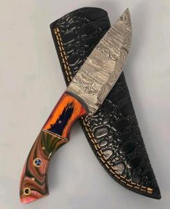 Damascus Fixed-Blade Knife with Custom Multicolored Handle and Leather Sheath