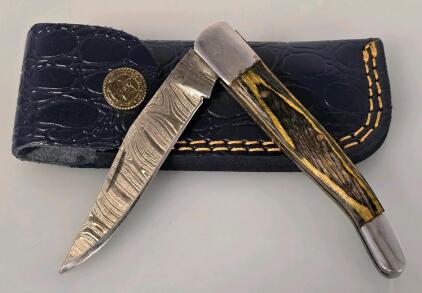 Damascus Steel Lockback Folding Knife with Wood Handle and Leather Sheath