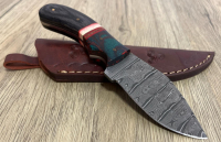 Custom Damascus Steel Fixed Blade Knife with Patterned Handle and Tooled Leather Sheath