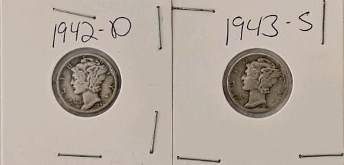 1942-D and 1943-S Mercury Dimes, 90% Silver, Circulated, Denver & San Francisco Mintmarks