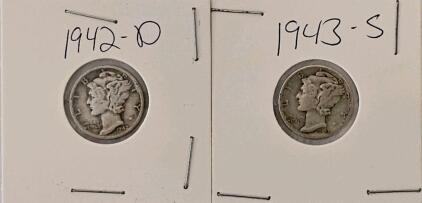 1942-D and 1943-S Mercury Dimes, 90% Silver, Circulated, Denver & San Francisco Mintmarks
