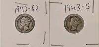 1942-D and 1943-S Mercury Dimes, 90% Silver, Circulated, Denver & San Francisco Mintmarks