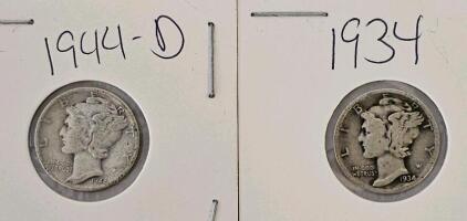 1934 & 1944-D Mercury Dimes, 90% Silver, U.S. Coins, Philadelphia & Denver Mints