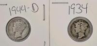 1934 & 1944-D Mercury Dimes, 90% Silver, U.S. Coins, Philadelphia & Denver Mints