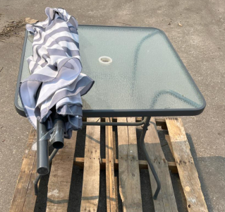 Square Glass Patio Table with Gray/White Striped Umbrella, Metal Frame, 37"x37"