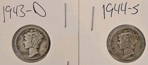 1943-D and 1944-S Mercury Dimes, 90% Silver, Circulated, US Mint Collectible Coins