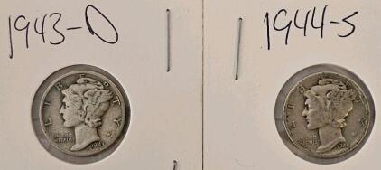 1943-D and 1944-S Mercury Dimes, 90% Silver, Circulated, US Mint Collectible Coins