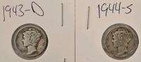 1943-D and 1944-S Mercury Dimes, 90% Silver, Circulated, US Mint Collectible Coins