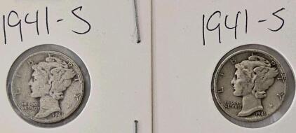 1941-S Mercury Dime Coins, Circulated, 90% Silver, San Francisco Mint