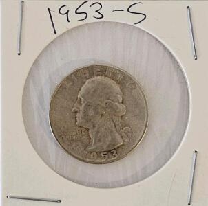 1953-S Washington Quarter, 90% Silver, Circulated Condition