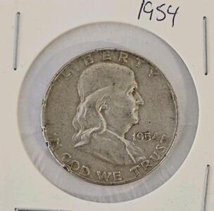 1954-D Franklin Half Dollar, 90% Silver, Denver Mint, Circulated, John R. Sinnock Design