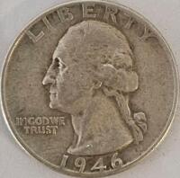 1946 Washington Quarter 90% Silver, No Mint Mark, Red Reverse Damage, Circulated - 2