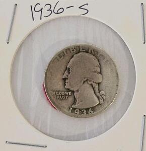 1936-D Washington Quarter, 90% Silver, Denver Mint, Heavily Circulated with Reverse Felt
