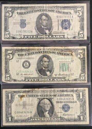 1934D $5 Silver Certificate S09078103A, 1950B $5 FRN L67245243B, 1957 $1 Silver Cert C08463634A
