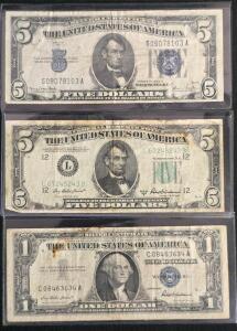 1934D $5 Silver Certificate S09078103A, 1950B $5 FRN L67245243B, 1957 $1 Silver Cert C08463634A