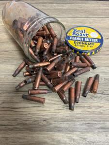 Lake City .223 Rem Brass Casings Approx. 75ct, Boxer Primed, Stored in Vintage Glass Jar