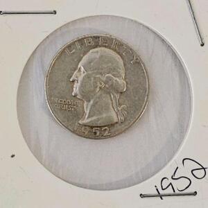 1952 Washington Quarter Silver 90% 25c Coin, Red Felt Obscuring Reverse, Carded