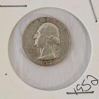 1952 Washington Quarter Silver 90% 25c Coin, Red Felt Obscuring Reverse, Carded