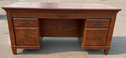 Double Pedestal Wooden Office Desk, 5 Drawers, 6 Rear Shelves, Cable Grommets, Medium Brown Finish