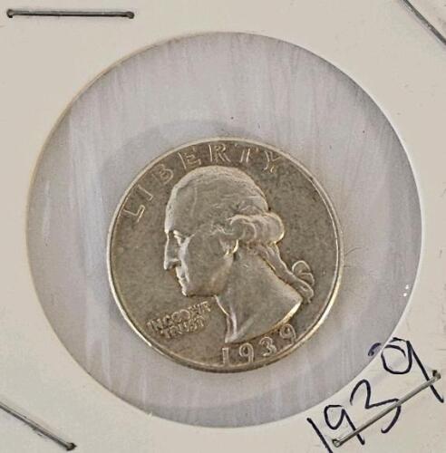 1939 Washington Quarter, 90% Silver, Circulated, 2x2 Flip, Obverse Year Visible