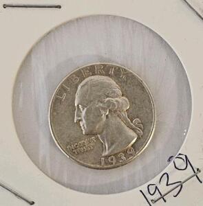 1939 Washington Quarter, 90% Silver, Circulated, 2x2 Flip, Obverse Year Visible