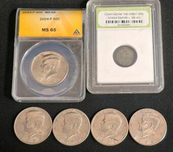 Kennedy Half Dollar Lot: 1972, 1974, 1977, 1995, 2004-P MS65 ANACS, Ancient Roman Coin Constantine Era